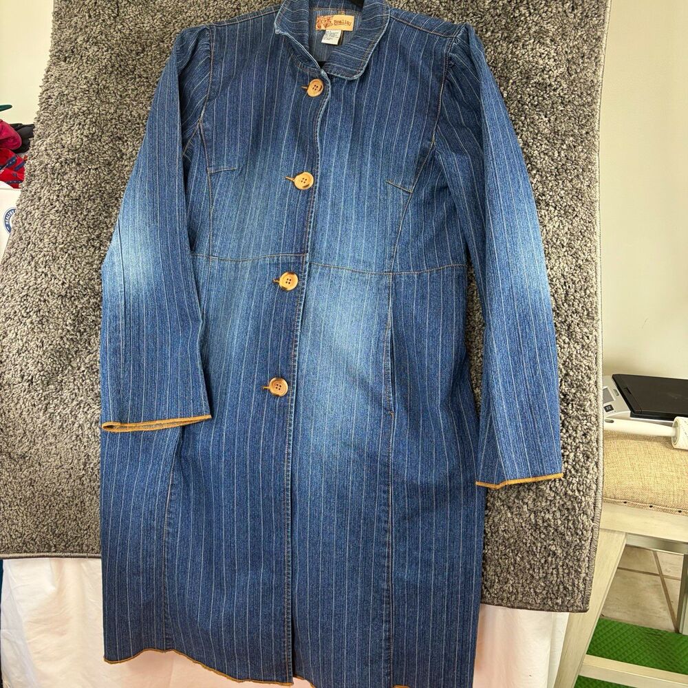 Vintage 90s Y2K Pinstripe Denim Duster Trench Coat Maxi Jean Jacket Size L